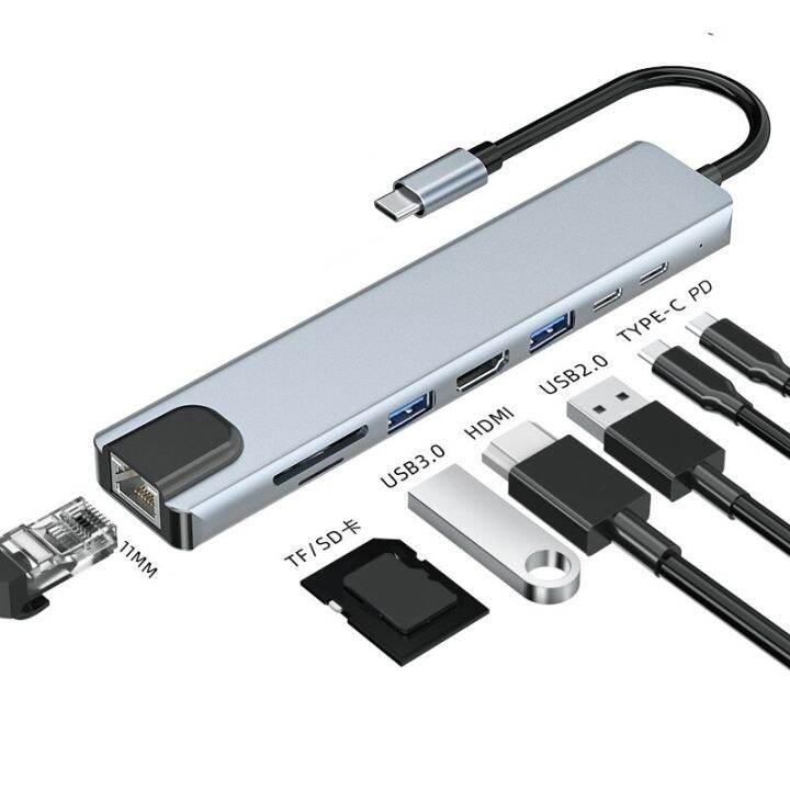 8-in-1-hub-usb-3-0-type-c-แท่นวางมือถือ-rj45-tf-sd-card-4k-ตัวแยกหัวแปลงสัญญาณ-hdmi-สำหรับ-macbook-windows-อุปกรณ์คอมพิวเตอร์-feona