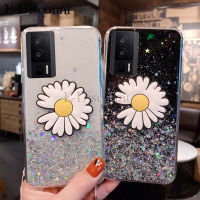 เคสโทรศัพท์ใหม่สำหรับ Xiaomi POCO F5 Pro เคส พับเป็นขาตั้งเลื่อมรูปดาวพระจันทร์ส่องแสงเป็นประกายวิบวับซิลิโคนใสดอกเบญจมาศสำหรับ Xiaomi POCO F5