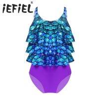 HOT★Kids Girls Scales Print One-piece Swimsuit Swimwear Leotard Sleeveless Ruffle Trim Swimming Bathing Jumpsuit Bodysuit Beachwear