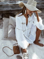 ชุดว่ายน้ำสตรี Cover Ups Mandarin Sleeve Kaftan Beach Tunic Dress Robe De Plage Solid White Pareo Beach Cover-Ups # Q429