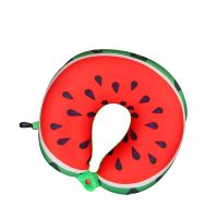 ✖ Cute Fruits U Shaped Travel Pillow Car Head Rest Pillow Memory Foam Cushion Travel Neck Flight Pillow with Attachable Snap Strap