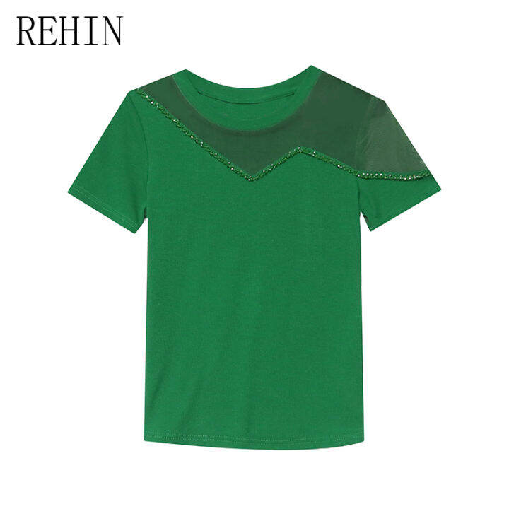 rehin-เสื้อยืดผู้หญิง-เสื้อฤดูร้อนแฟชั่นตาข่ายปะติดลูกปัดบางเสื้อยืดแขนสั้น