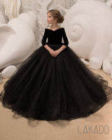 Cute Black Princess Ball Gown Kids Pageant Dress with Elegant Half Sleeves for Flower Girls Age 10 11 12