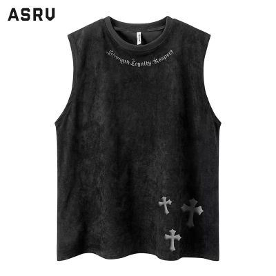 ASRV เสื้อยืดผู้ชาย เสื้อผ้าผู้ชาย t shirt for men หนังนิ่มพิมพ์ลายกากบาทแบบย้อนยุคเสื้อกล้ามกีฬาเสื้อยืดแขนกุดฮิปฮอปสตรีทดั้งเดิมของผู้ชาย