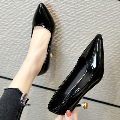 แอร์โฮสเตสแหลมส้นเรียวส้นสูงหนังนิ่มกลางรองเท้าทำงานสีดำสุภาพสตรีชุดรองเท้าเดี่ยวสุภาพสตรี MCKZ