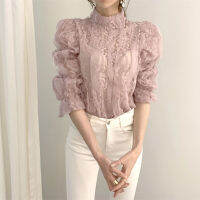 New Fashion 2020 OL Mesh Lace Shirt Crochet Flower Blouses Stand Collar Puff Sleeve Shirts Female Hollow Out Tops