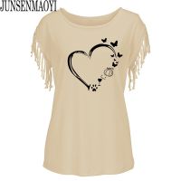 New Butterfly Print Women Cotton Tassel Casual T-shirt Clothing Animals Tees Short Sleeve O-neck Womens T shirt S-5XL