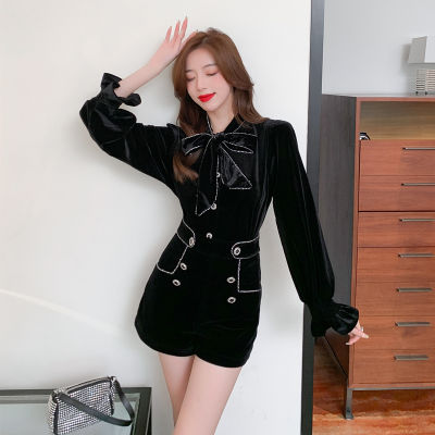 Vintage Temperament Black Velvet Two Pieces Pant Set Women Long Sleeve Bow Collar Shirt Top + Double-Breasted Shorts Casual Suit