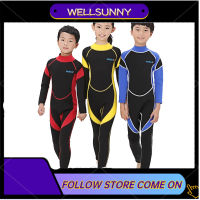 Wellsunny สูทแขนยาวดำน้ำชุดว่ายน้ำเด็กชุดดำน้ำผ้านีโอพรีน2.5มม. สำหรับเด็กเด็กหญิงเด็กชายเล่นเซิร์ฟโดยมีผื่นแดงดำน้ำหนึ่งชิ้น