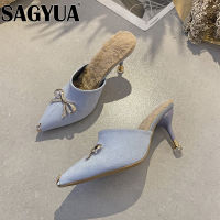 2022 Spring Summer Bow Slippers Crystal Women Shoes Thin Heels Sandals Designer Dress Party Fashion Slides Shallow Flip Flops