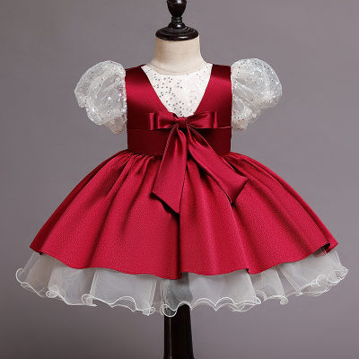 6-36 Month Red Bow Little Girls Dress Ball Gown Puff Christmas Party Puff Sleeve Vest Vestido Little Girl Baby Clothes OGF224466