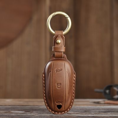 Car Key Case Cover Genuine Leather 3 Button for Tesla Model 3/Y/S/X 2020 Keyringion Shell Cowhide