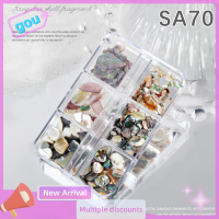 Gou 6กริดหินเปลือกหอยเป๋าฮื้อธรรมชาติ3D ตกแต่งศิลปะเล็บชิ้นส่วนที่ไม่สม่ำเสมอเกล็ดสีทองสำหรับทำเล็บเสน่ห์เครื่องประดับทำเล็บ