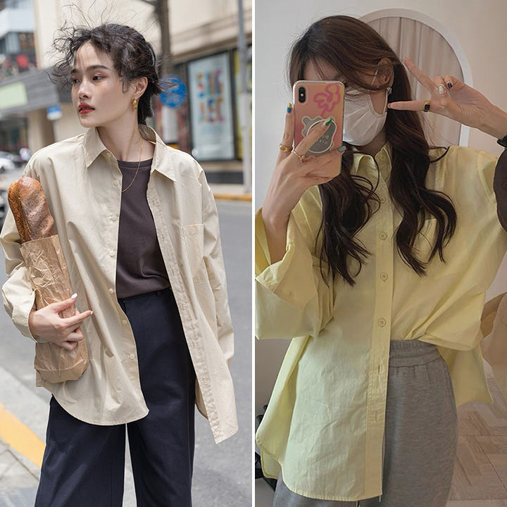 เสื้อผ้าผู้หญิงสไตล์เกาหลี-เสื้อเชิ้ตผู้หญิงเเขนยาว-เสื้อเชิ้ตสีพื้นราคาถูกพร้อมส่ง-เสื้อเชิ้ตเเขนยาวเเฟชั่น-ไม่มีลาย