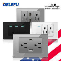 DELEFU กระจกนิรภัย US Standard Outlet Dual USB Type C ปลั๊กไฟติดผนัง สวิตช์ไฟ เม็กซิโก โฮมออฟฟิศ ปลั๊กไฟฟ้า 118-Lusjeh