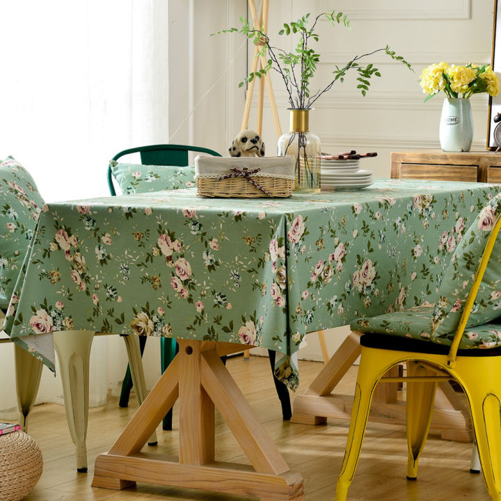 ผ้าปูโต๊ะผ้าฝ้ายดอกไม้สไตล์ชนบทสีพื้นหลังสีเขียว-ดอกกุหลาบ90-90ตารางเครื่องใช้ในบ้านผ้า135-300ขนาดใหญ่4-6-8ที่นั่งผ้าปูโต๊ะกาแฟผ้าปูโต๊ะ