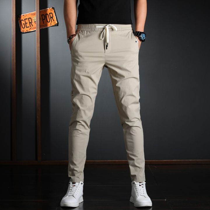 2021Summer Men Elastic Waist Casual Pants Korean Streetwear Lightweight Cotton Gray Slim Fit Trousers