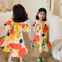 Summer Clothing New ChildrenS Clothing Girls Crumpled Color Matching Lace-Up Dress Square Neck Puff Sleeve Princess Dress