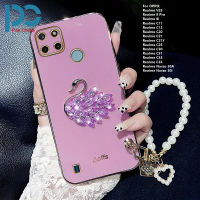 เคสโทรศัพท์สร้อยข้อมือไข่มุกชุบด้วยไฟฟ้า6D รูปหงส์แฟชั่นสำหรับ OPPO Realme 9 Pro C11 9i Realme C12 C20 C21 C25 C21Y C30 C31 C33 Narzo 50A Narzo 50i Narzo ทนทานต่อการกระแทกป้องกันการตก