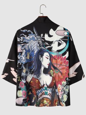 2023ชุดสตรีทแวร์ฤดูร้อนพิมพ์ลายเสื้อคาร์ดิแกน Kimono เสื้อขนาดใหญ่ญี่ปุ่นลำลองผู้ชายเสื้อฮาวายฮาราจูกุคอสเพลย์ Y2K เอเชีย