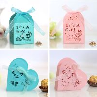 50pcs Its A Boy Girl Hollow Heart Candy Dragee Gift Box Packaging Wedding Cardboard Chocolate Cookie Gift Bags Wrapping Paper Gift Wrapping  Bags