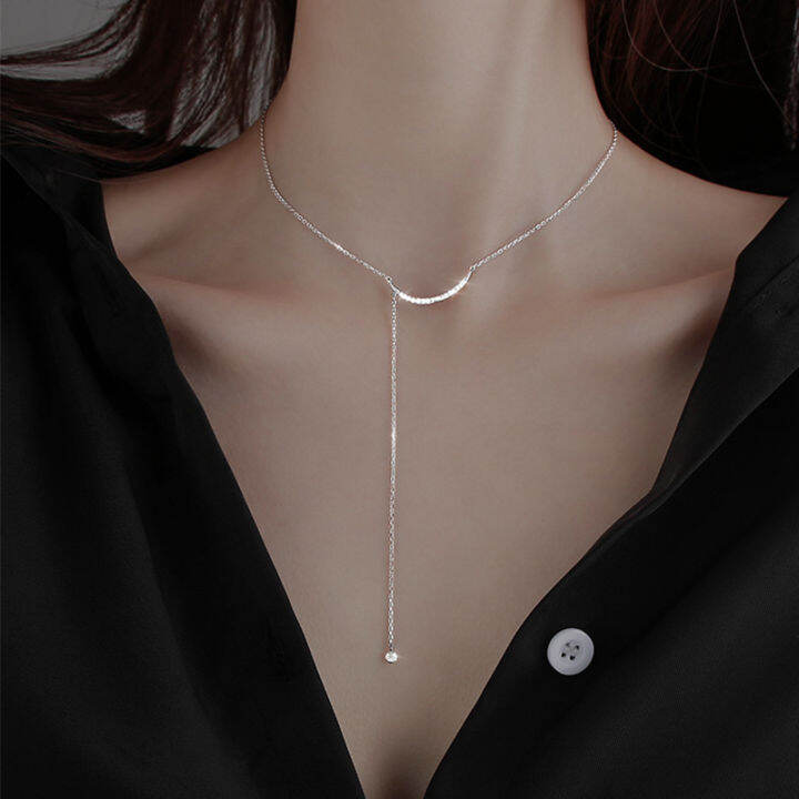 new-925-sterling-silver-crescent-necklace-female-long-tassel-beads-clavicle-chain-simple-collar-wedding-party-jewelry-gift