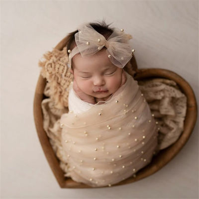 Dvotinst ทารกแรกเกิดการถ่ายภาพ Props Pearl ตาข่าย Wraps Bow-Knot Headband 2ชิ้นชุด Studio ถ่ายภาพ Props 40x150cm