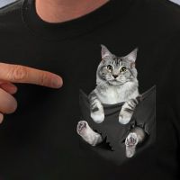 Cloocl Cotton T-Shirt Summer Funny Maine Coon Cat In Pocket T-Shirt Men For Shirts Tops Cotton Black Tees Tops 【Size S-4XL-5XL-6XL】