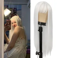 FGY 26 Inch White Long Straight Hair Ladies With Bangs Wig Cosplay Halloween Anime Lolita Heat Resistant Synthetic Hair Wig