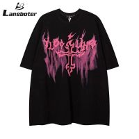 Lansboter เสื้อยืดลายตัวอักษรควันสีชมพู,เสื้อยืดแขนสั้นย้อนยุคทรงหลวมสำหรับผู้ชายและผู้หญิง