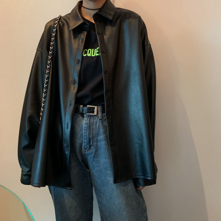 new-women-oversized-pu-leather-blouses-2021-spring-autumn-black-faux-leather-basic-coat-turn-down-collar-motor-biker-jacket