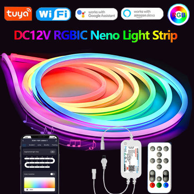 Tuya Wifi DC12V Neon RGBIC LED Solf Strip Light Dream Color ตกแต่งในร่ม Smart Control App รีโมทเสียงเพลงสำหรับ Alexa