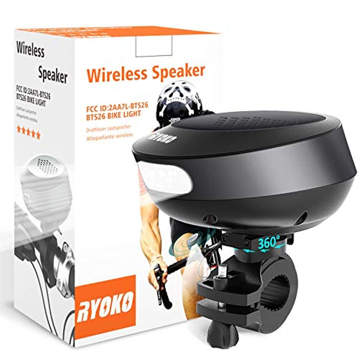 2-in-1 RYOKO Wireless Waterproof Bike Speaker with Bicycle Mount for Cycling Camping Bicycle Travel Bike Speaker and Bike Light