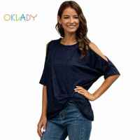 【OKLADY】Ladies Fashion Off Shoulder Casual Short Sleeve Front Twisted Shirt Summer Tunic Navy Blue（S-XL）