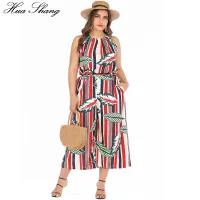 6xl Plus ขนาด Jumpsuit ฤดูร้อน2019ผู้หญิง Halter คอ Sleevless ใบลายพิมพ์ Boho Beach Rompers กระเป๋าขากว้าง Jumpsuit