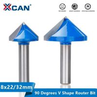 XCAN Wood Router Bit 8mm Shank V Shape 3D Engraving Bit 90 องศา Carbide End Mill Diameter 22 32mm เครื่องตัดมิลลิ่งไม้