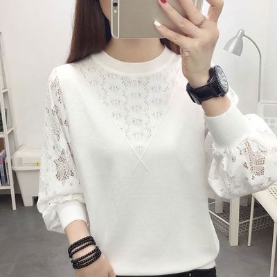 ☢◕⊕ New Bottoming Shirt Sweater Women 39;s Long-sleeved Stitching Round Neck Hollow Loose Knitted Top S-4XL