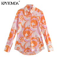 KPYTOMOA Women  Fashion Printed Asymmetric Blouses Vintage Long Sleeve Button-up Female Shirts Chic Tops