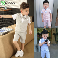 เด็ก 4pcs ผ้าฝ้ายลายสก๊อตชุดเด็กวัยหัดเดิน Casual สวมเสื้อเสื้อกั๊ก Bowtie เด็กสั้นสุภาพบุรุษชุดชุดชายเสื้อชุดงานแต่งงาน Tuxedo