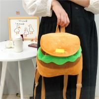 Hamburger Flannel＆Canvas Backpack Drawstring Shoulder Student School A4 Capacity Bag Fashion Multifunctional Cute Creative Bag 【AUG】