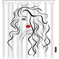 Aoyego Sexy Lady Shower Curtain Set Fashion Girl with Long Curly Hair Red Lip Nails Shower Curtain Set Decorative Waterproof Polyester Fabric with Hooks 72x72 Inch