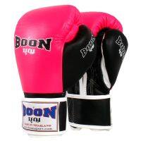 BOON Boxing gloves Compact Pink Black palm 8,10,12,14,16 oz. Genuine Leather Muay thai MMA K1 นวมซ้อมมวย บุญ มวยไทย สีชมพู-ดำ ทำจากหนังแท้