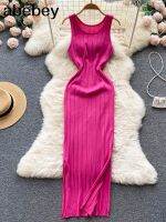 【CW】☾  Knit Elatic Waist Bodycon Sundress Female Beach Split Backless