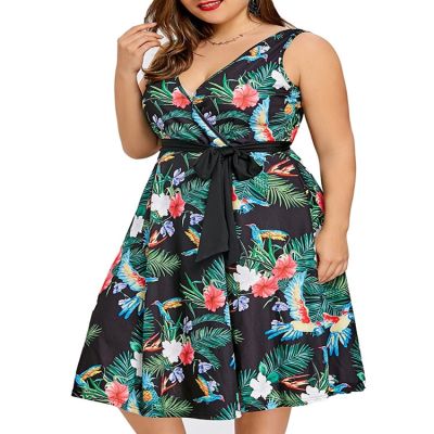 [COD] and summer printed plus size European foreign trade womens sleeveless temperament dress with belt