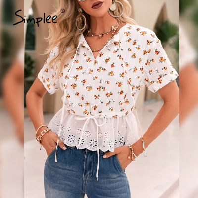 Simplee Idyllic style floral print women T shirt summer Lace stitching V-neck crop tops lady Casual elastic waist bow T-shirts