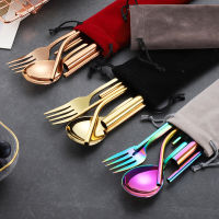 Portable Travel Dinneware Set Stainless Steel Reusable Cutlery Set Spoon Fork Chopsticks Set Metal Straw Pouch Carry Bag Kit Flatware Sets