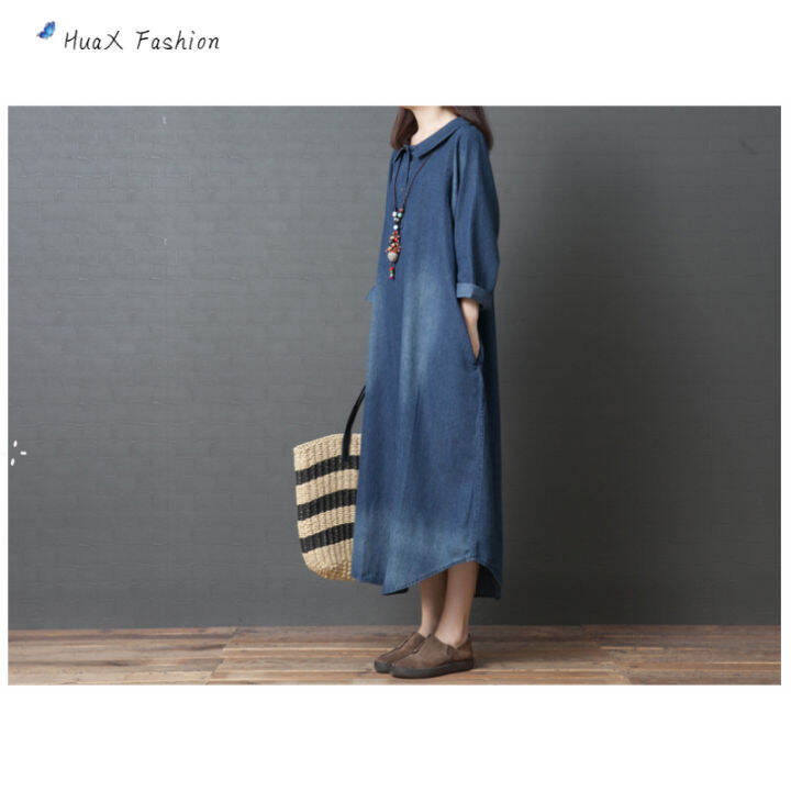 huax-women-denim-shirt-dress-fashion-clothing-lapel-long-sleeves-a-line-skirt-loose-large-size-midi-skirt