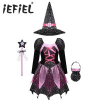 Kid Girls Halloween Witch Costume Sparkly Silver Stars Printed Carnival Cosplay Dress with Pointed Hat Wand Dress Up Clothes