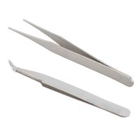 2 Pcs Tweezer: 1 Pcs Fine Point Silver Pointy Straight Tweezers &amp; 1 Pcs Anti-Static Tweezer Curved Pointed