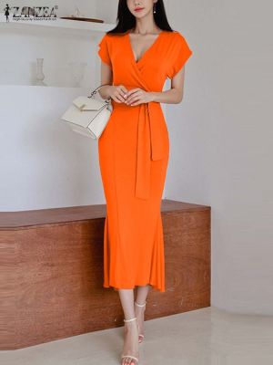【CW】✻  ZANZEA V-neck Robe 2023 Vestidos Fishtail Dresses Short Sleeve Fashion Tie Waist Dres